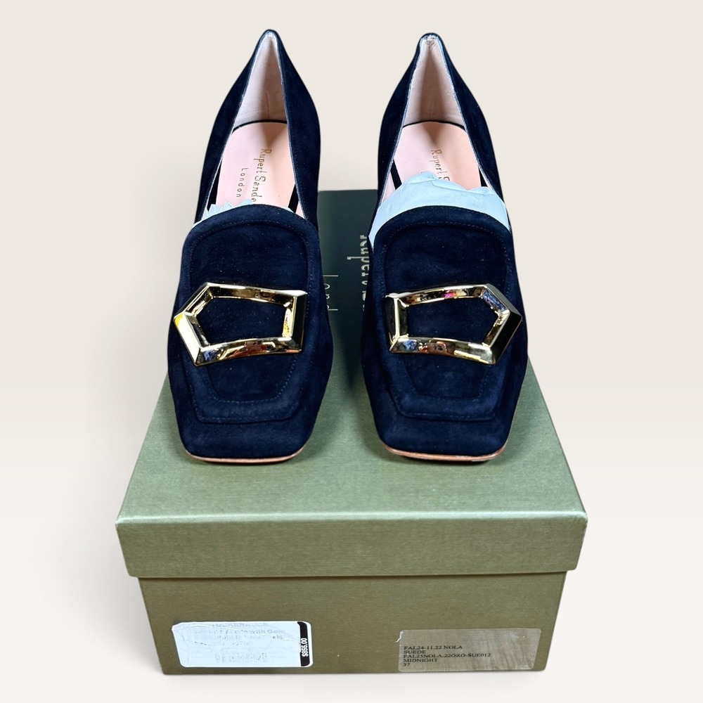 Rupert Sanderson Midnight Suede Gold Cubic Pebble Nola Loafer Heels EU 37/ US 7